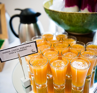 Tray of juice shots at Aetna International's Health Matters Forum