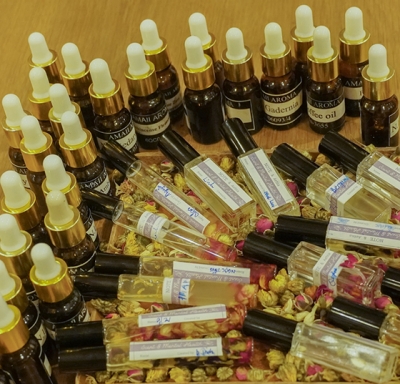 Collection of samples as part of Aetna International's series of 2019 aromatherapy broker-partner events