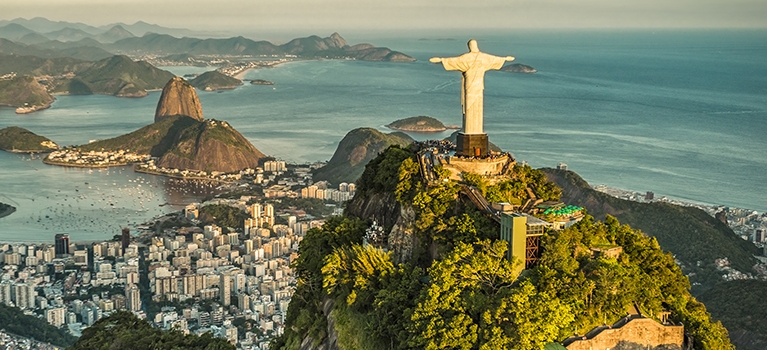 Panoramic view of Christ the Redeemer and Sugar Loaf Mountain in Brazil