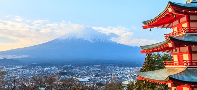 Mt. Fuji with red and chureito pagoda in Fujiyoshida, Japan