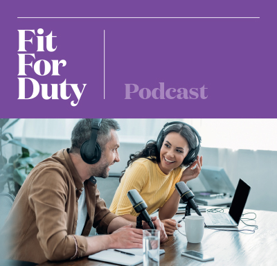 Fit For Duty Podcast graphic with two podcasters on air