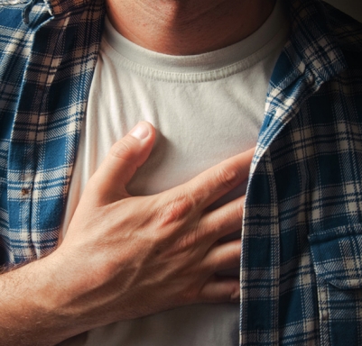 Man in severe chest pain clutching his chest