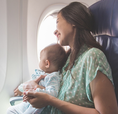 Mother and baby sitting together on an airplane