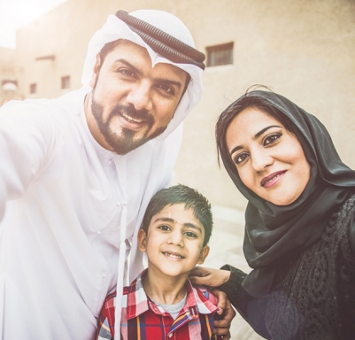 Arabic family taking a selfie on a city street