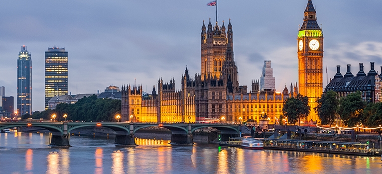 Big Ben and Westminster Bridge at dusk, London, UK