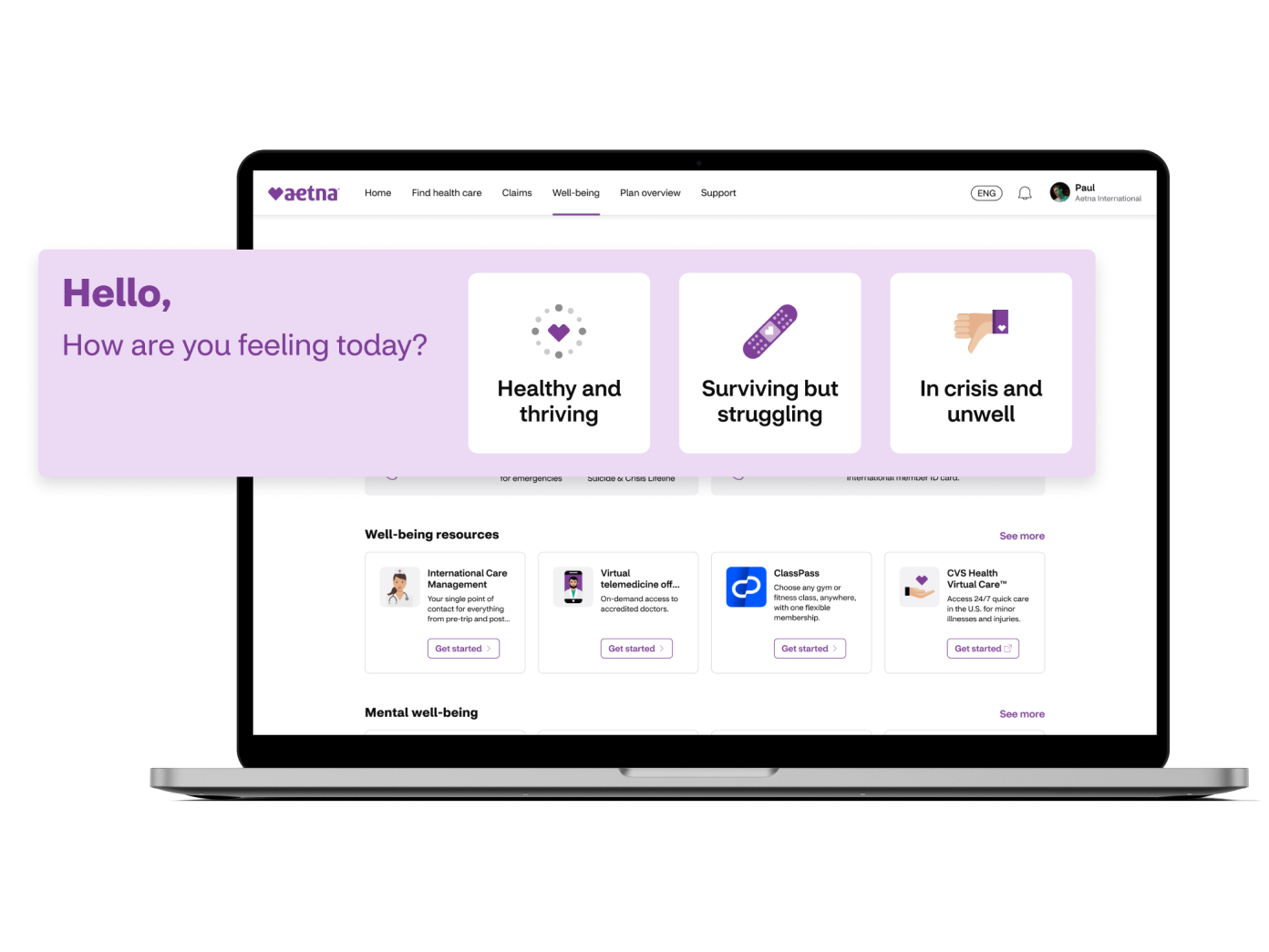 A laptop showing the Well-being section on the Aetna International member website.