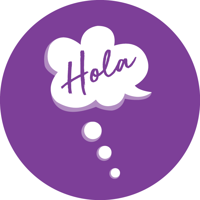 Aetna Violet Illustration with White Thought Bubble That Says Hola