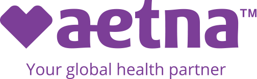 Aetna Logo With Heart Violet and Your Global Health Partner Tagline