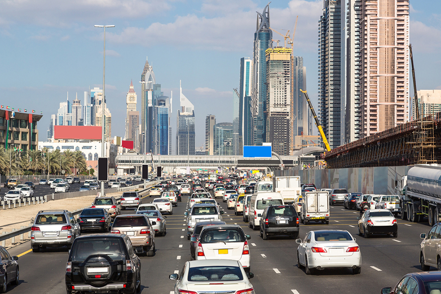 Traffic jam on freeway in Dubai city