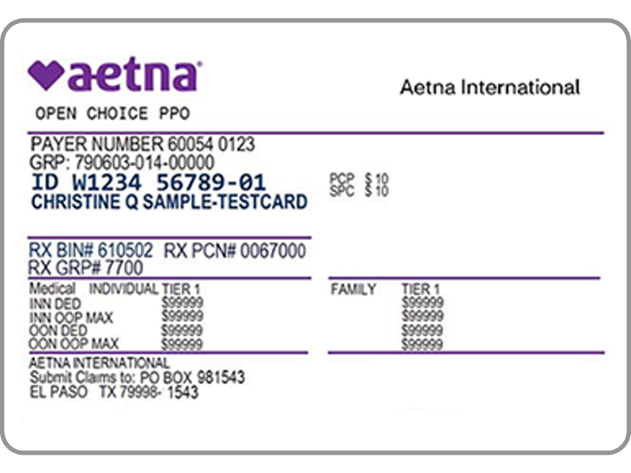 Aetna International (Americas) ID card sample, showing plan details and member names.